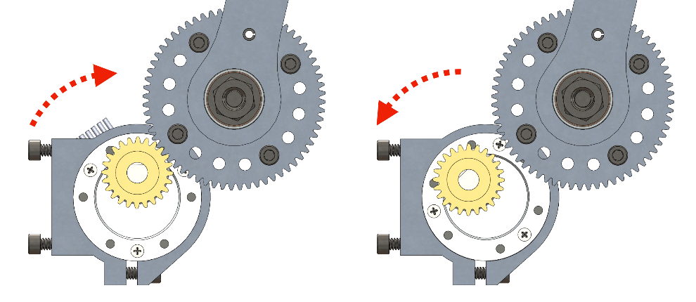 Radial adjustment of the gear engagement is accomplished by twisting the motor into proper alignment.