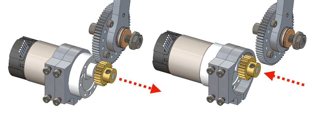 Axial adjustment of the gear engagement is accomplished by sliding the motor back and forth.